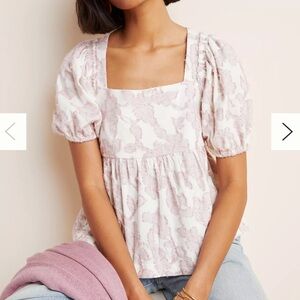 Anthropologie Maeve Size XLP Batia Textured Babydoll Top White Pink Feminine
